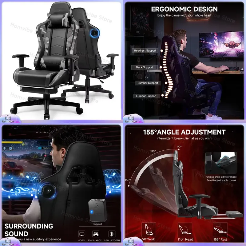 Speakers - Ergonomischer Gaming-Stuhl mit Bluetooth-Lautsprechern, 2D-verstellbaren Armlehnen,