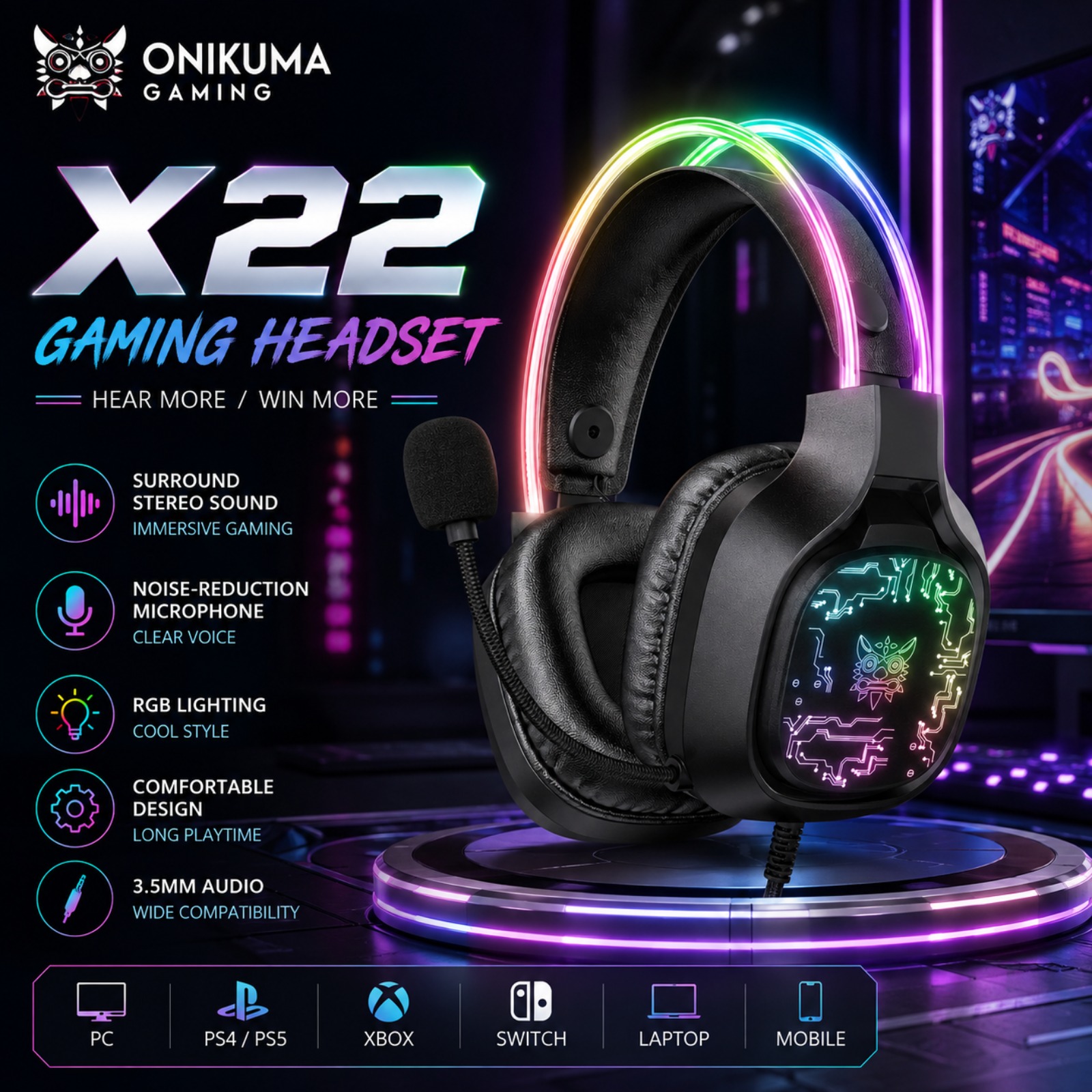 Gaming Headset With Mic Rgb - ONIKUMA X22 Kabelgebundenes Gaming-Headset RGB 50MM-Treiber