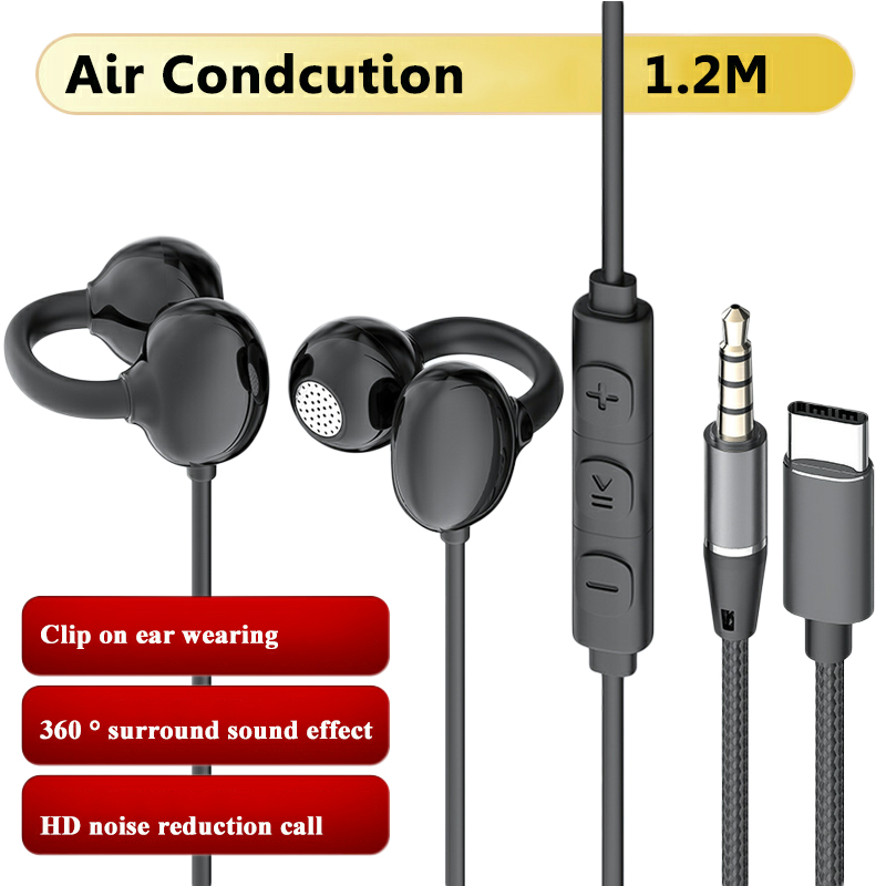 Open Ear Air Conduction Headphones - Kabelgebundene Open-Ear-Kopfhörer 3,5mm/Type-C Luftleitungs-Ohrclip-Headset HiFi-Sound Gaming-Musik-Ohrhörer